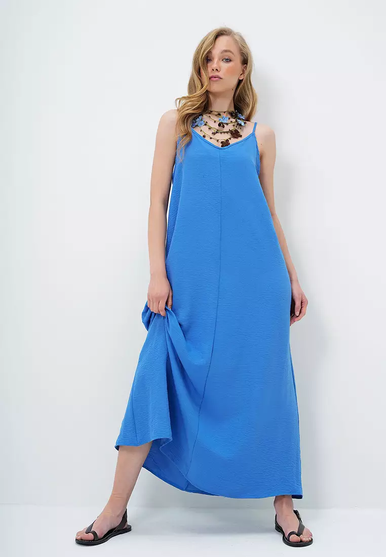 Women's Indigo Blue Adjustable Strap V-Neck Aerobin Summer Dress Alc-X14067