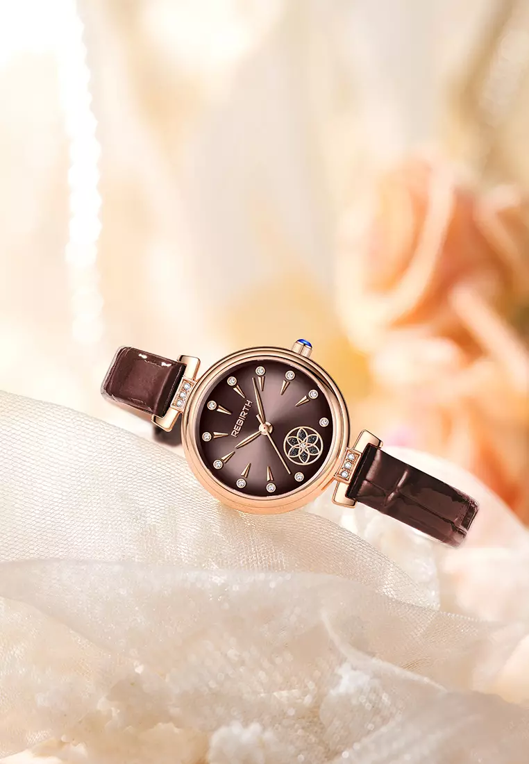 Jam Tangan Wanita Berlian Anggun Anti Air Kuarsa Tali Kulit Gaya Korea Jam Tangan Cewek warna cokelat