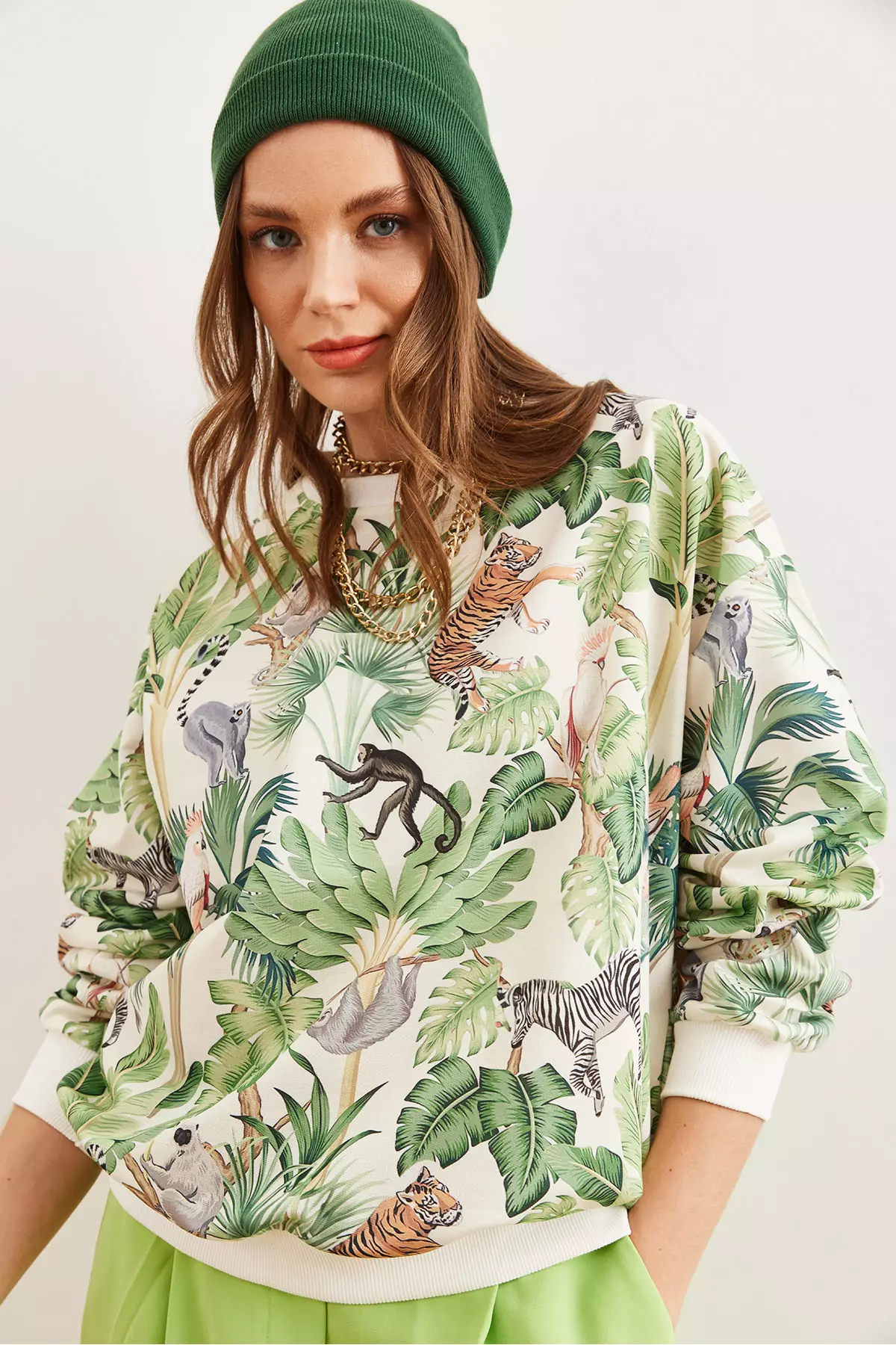 Women's Jungle Ecru Basic Soft Textured Casual Sweatshirt Swt-19000457