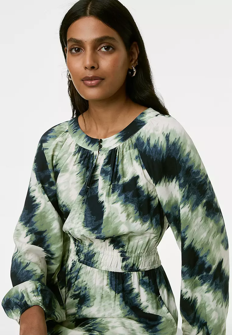 Printed Keyhole Pleated Midi Waisted Dress