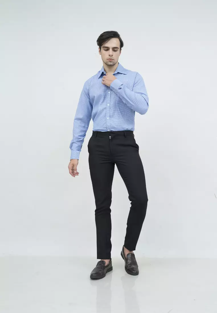 Kemeja slim fit lengan panjang pria kerja Biru Houndstooth houseofcuff