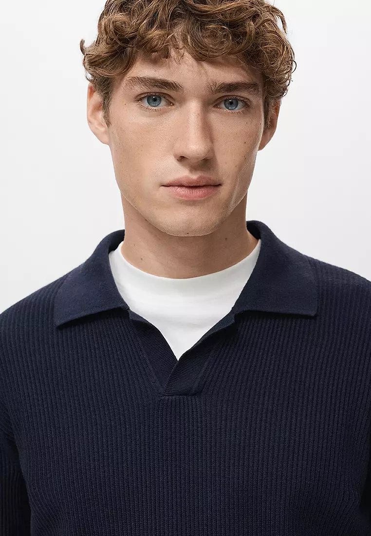 Cotton-Blend Ribbed Polo Sweater