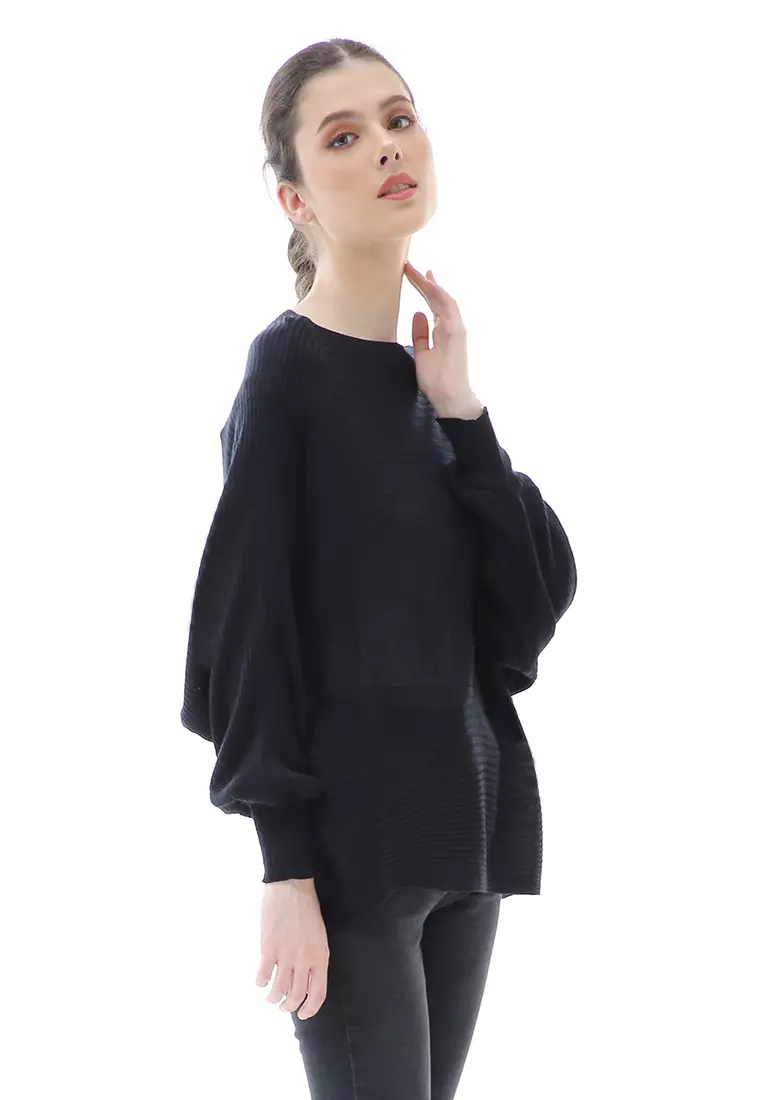 Eveline Sweater Rajut Batwing Atasan Wanita Motif Polos High Quality - Hitam
