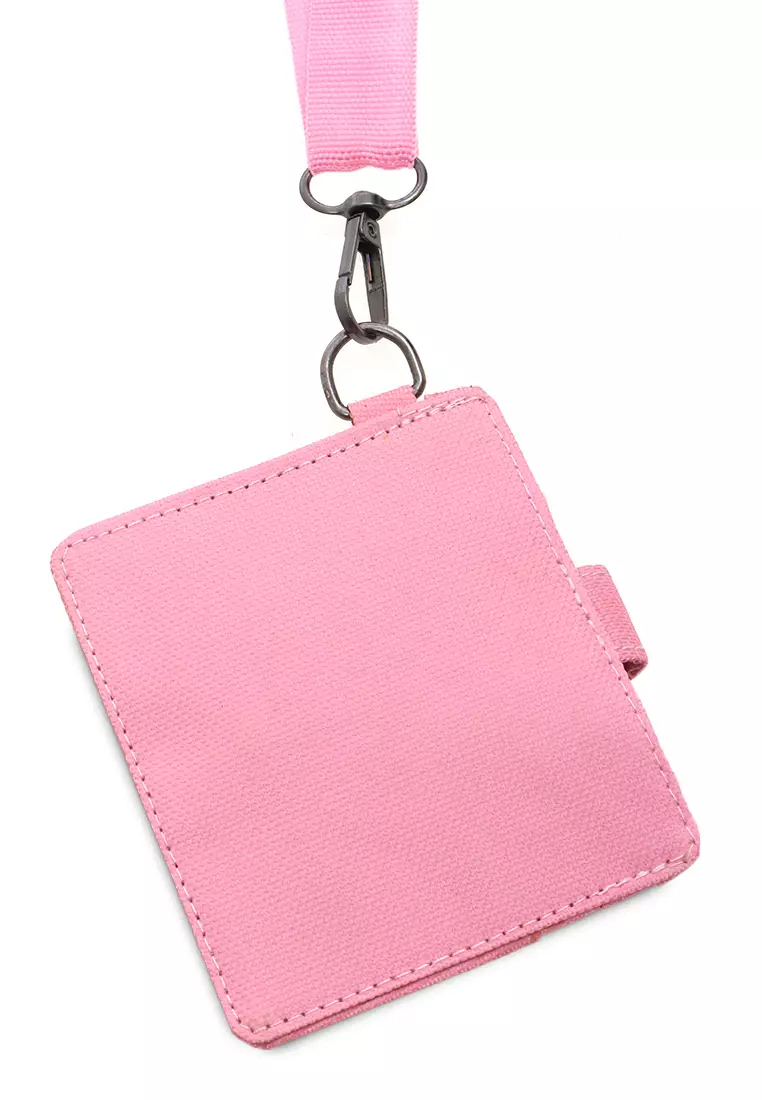 Hanging Neck Dompet Kartu 4 Slot Free Tali Gantung Motif Polos Holder Wallet Unisex - Pink