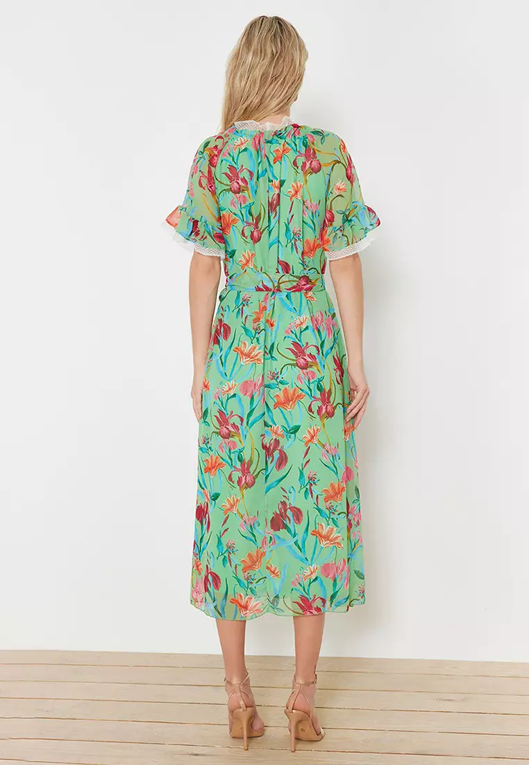 Green Floral Half Sleeve Collar Ruffle Detailed Lined Chiffon Dress TCTSS24EB00007