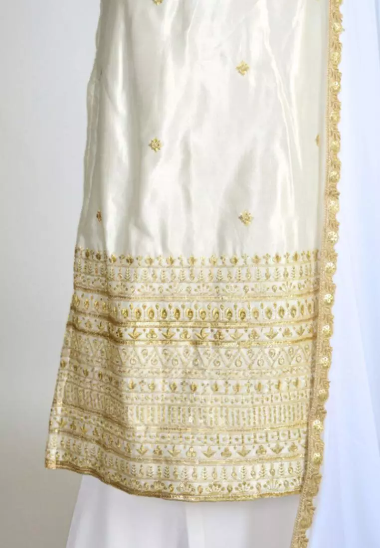 Off-White Art-Silk Embroidered Kurti With Pants And Dupatta