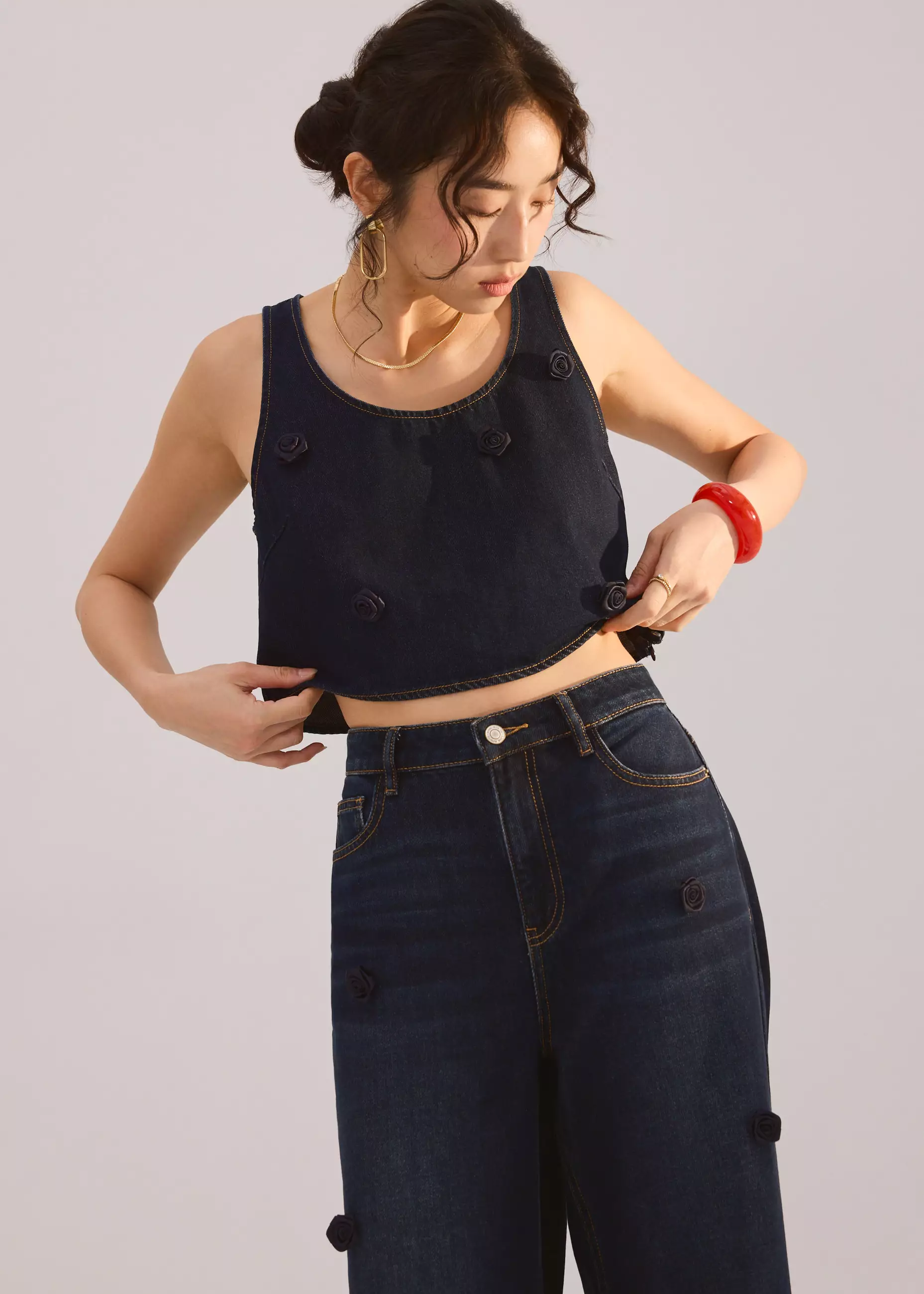 Atasan Wanita - Denim Rosette Boxy Crop Top