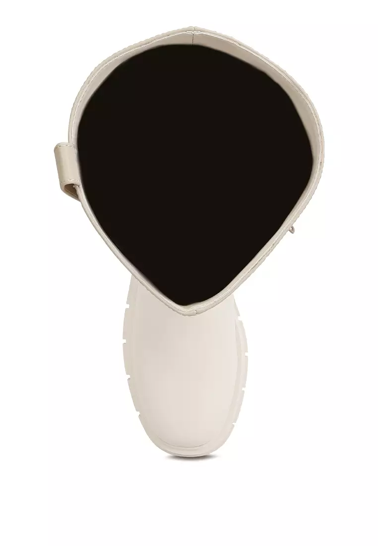 Ecru Faux Leather Chunky Platform Sepatu Bot Selutut