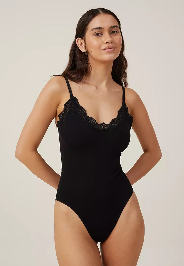Buy Cotton On Body Seamless Bodysuit With Lace Trim in Black 2024 Online
