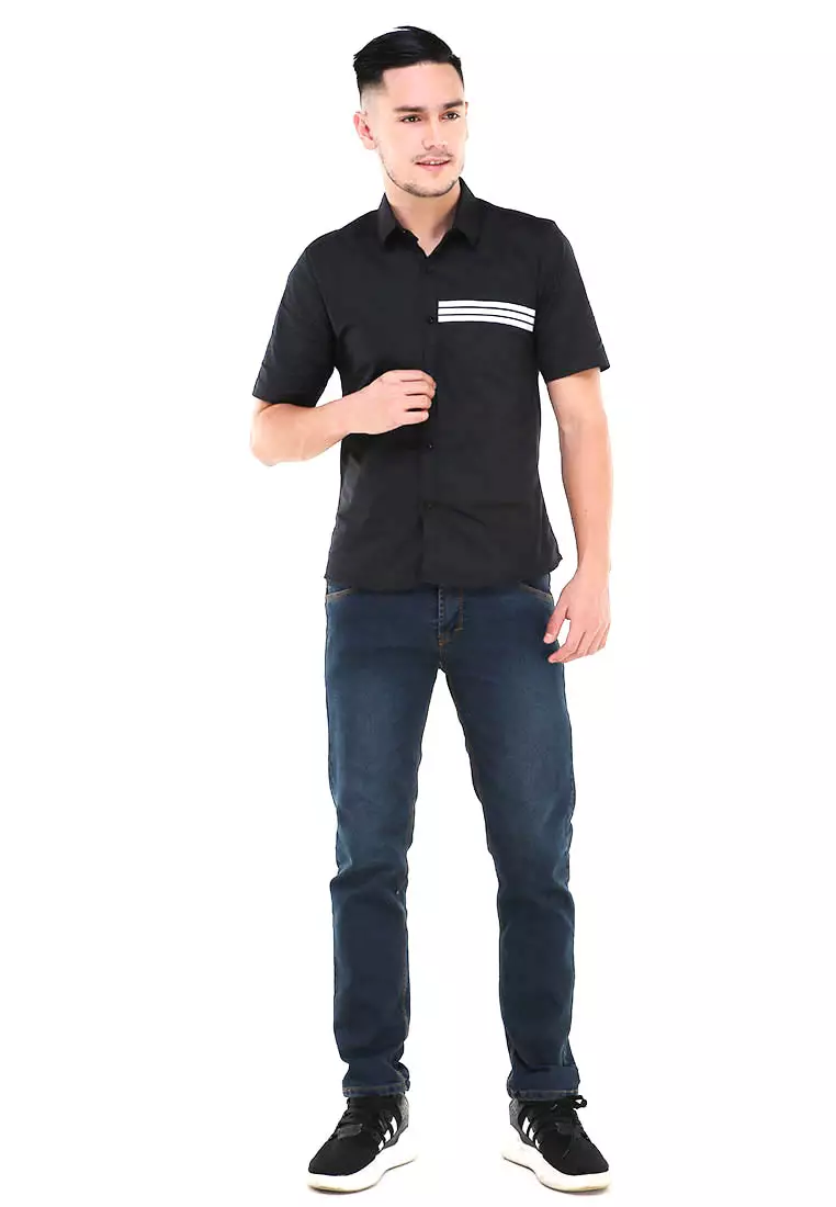 Dwan Atasan Kemeja Pria Three Lines Slim Fit Casual Shortsleeve Shirt Material Cotton ORIGINAL - Black