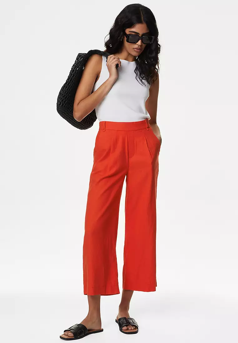 Linen Rich Wide Leg Cropped Trousers