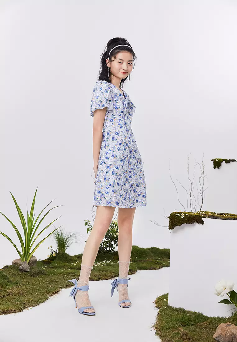 V-Neck Textured Floral Mini Dress