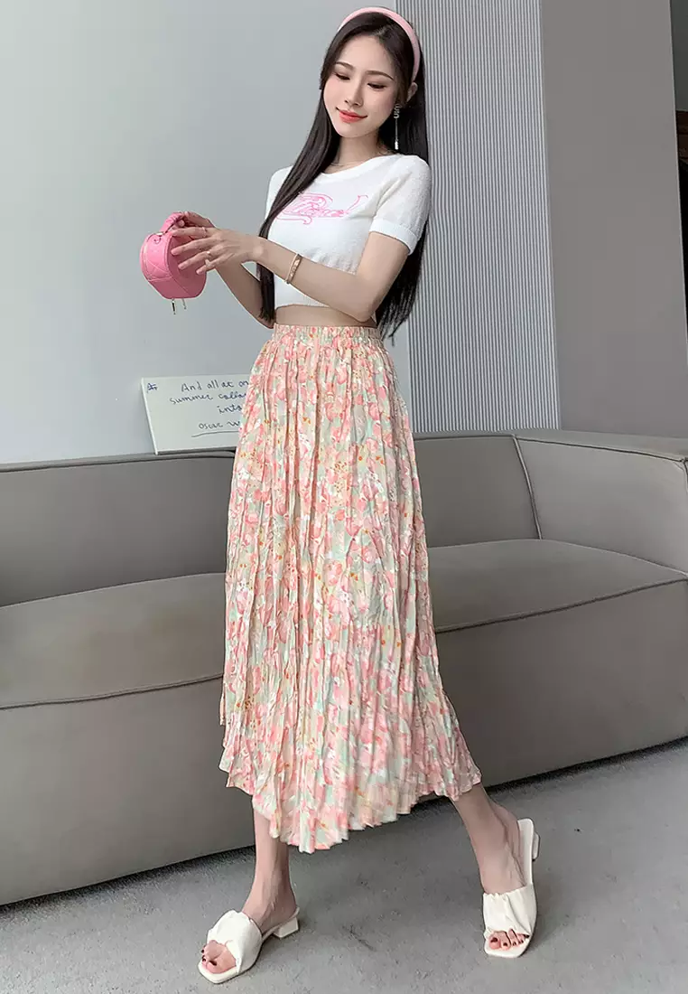 Printed Chiffon Pink Chiffon Maxi Skirt Outfit Paisley Chiffon