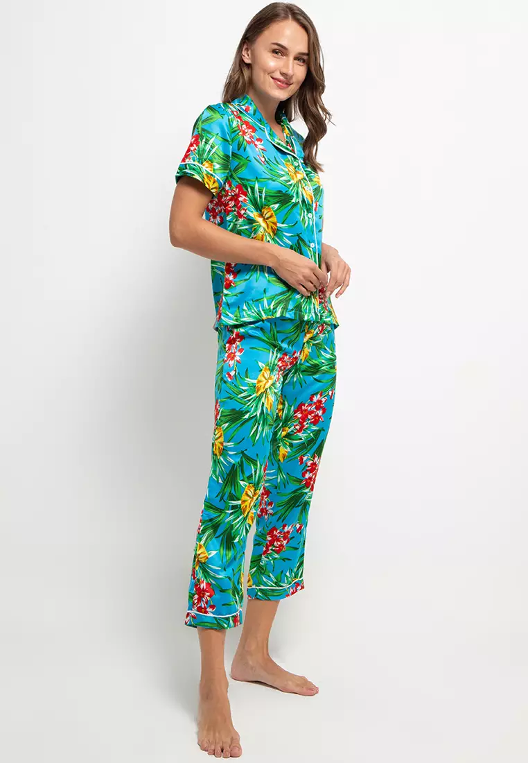Pyjama Pijama Satin Silk Short Sleeve Long Pants Sleepwear