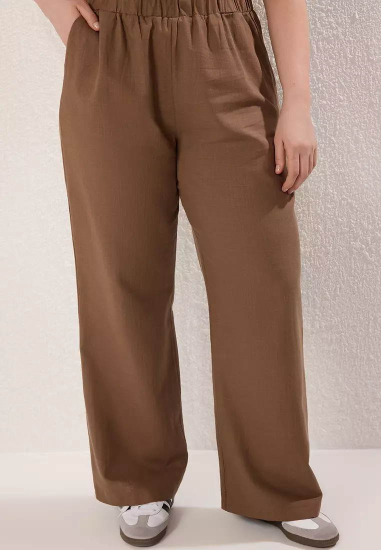 Brown Wide Leg Linen Look Front Rope Bottom Top Set TBBSS25CP00026