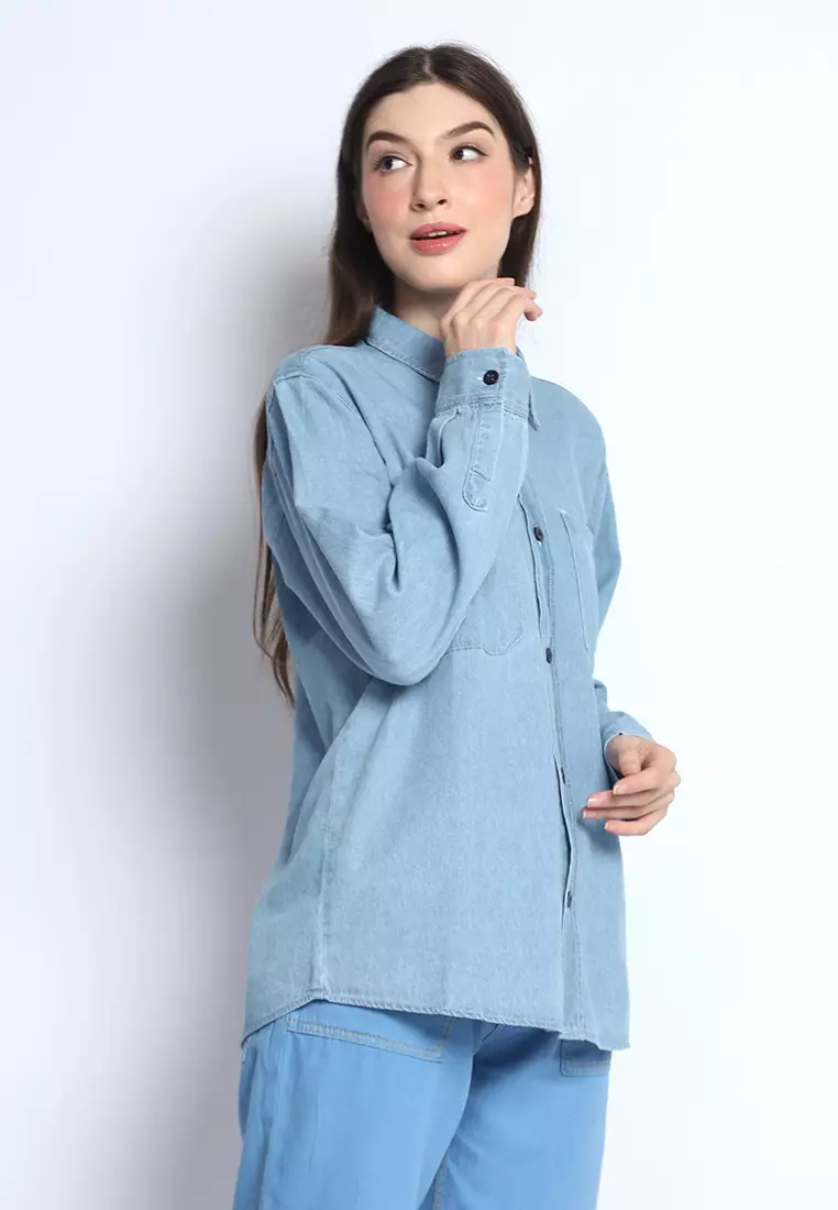 Kemeja Denim Wanita Skena L/S Krah Mandarin Saku Besar 282408