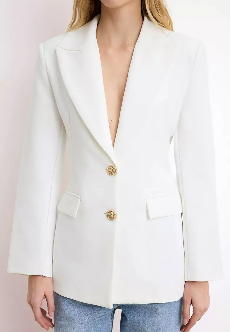 White Fitted/Body-Fitting Accessory Buttoned Collar Detailed Lined Padded Blazer Jacket Twoss26Bc28