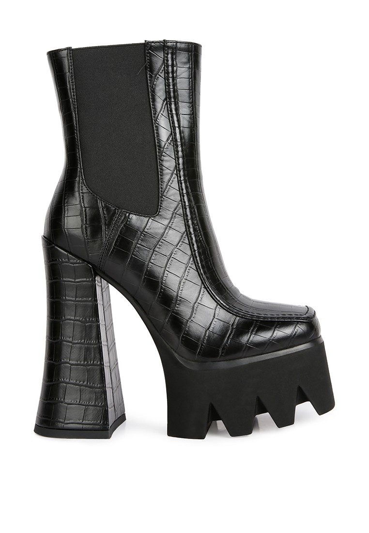 Black High Platform Block Heel Lace Up Biker Boots