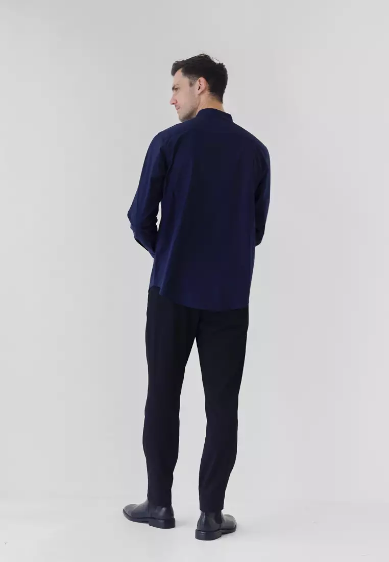Cotton Well Oman Henley Shirt Navy │Kemeja Koko Basic Lengan Panjang Biru Tua