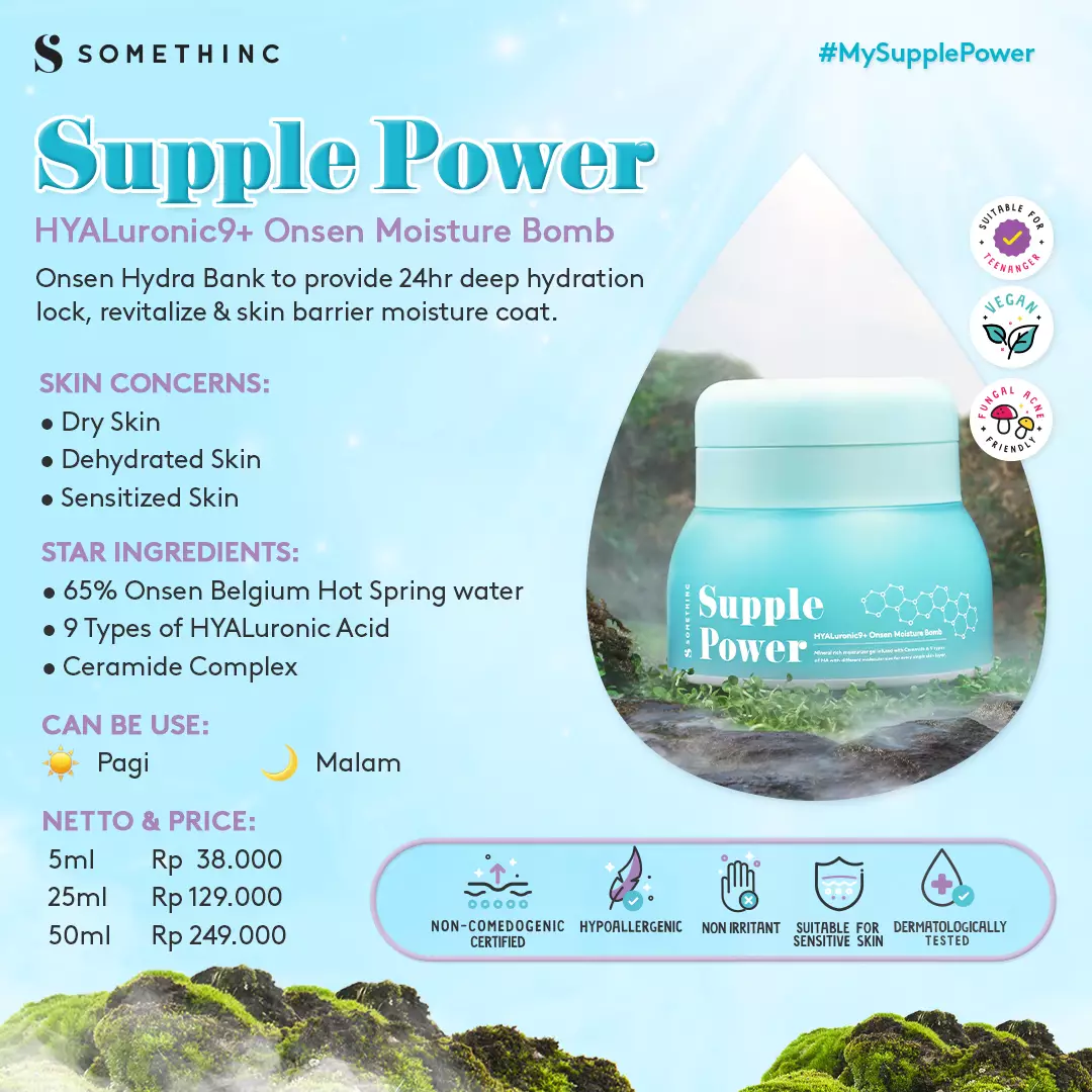 SOMETHINC 50 ML Supple Power Hyaluronic9+Onsen Moisture Bomb Gel - Krim Pagi dan Malam (Kulit Sensitif)
