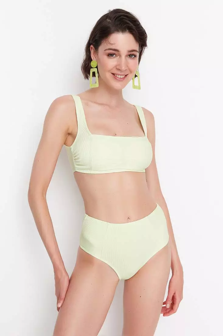 Trendyol Mint Textured High Waist Bikini Bottoms ZALORA