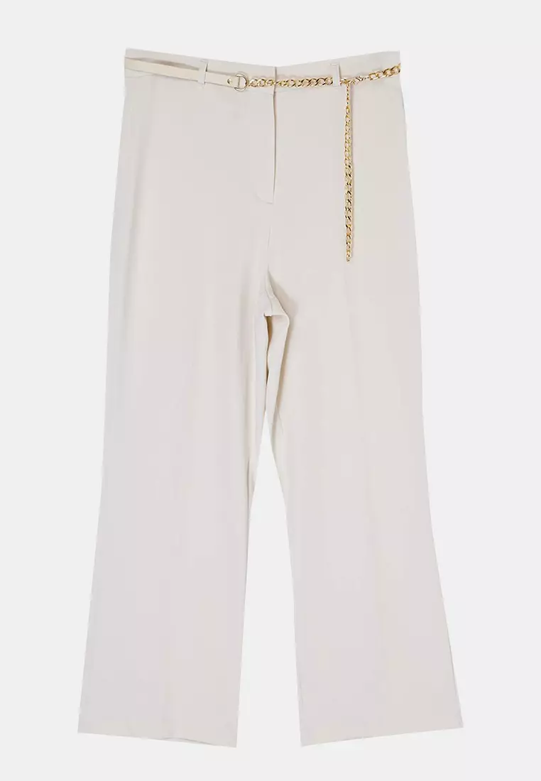 Ecru High Waist Pipe Leg Accessory Detailed Plus Size Woven Trousers Tbbss26Ar00015