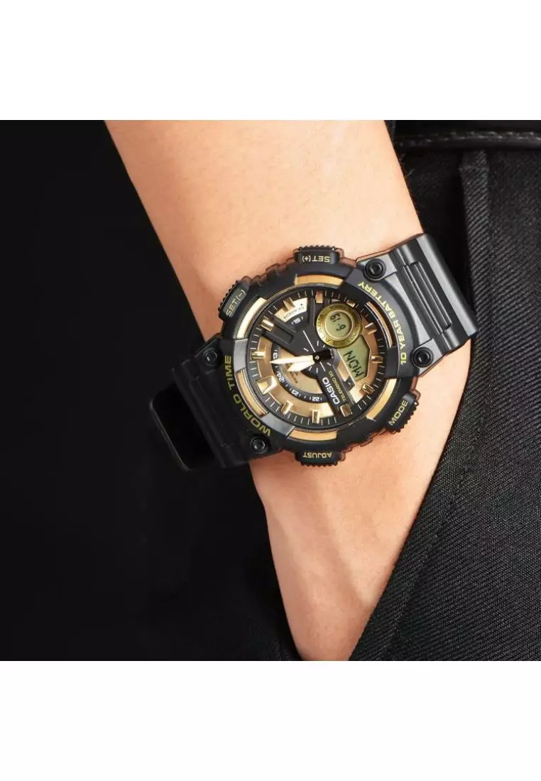 Men's Analog-Digital Watch AEQ-110BW-9AV Gold Dial with Black Resin Band Sport Watch