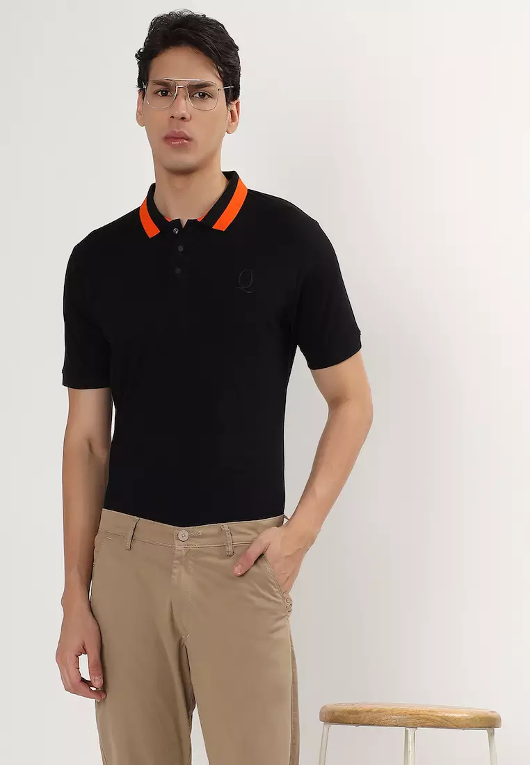 Mens Tipping Black Orange Cotton Polo Shirt/Tshirt, Interlock, Breathable, Short Sleeve, Embridiory,Sports-Casual,Regular Fit,3 Button