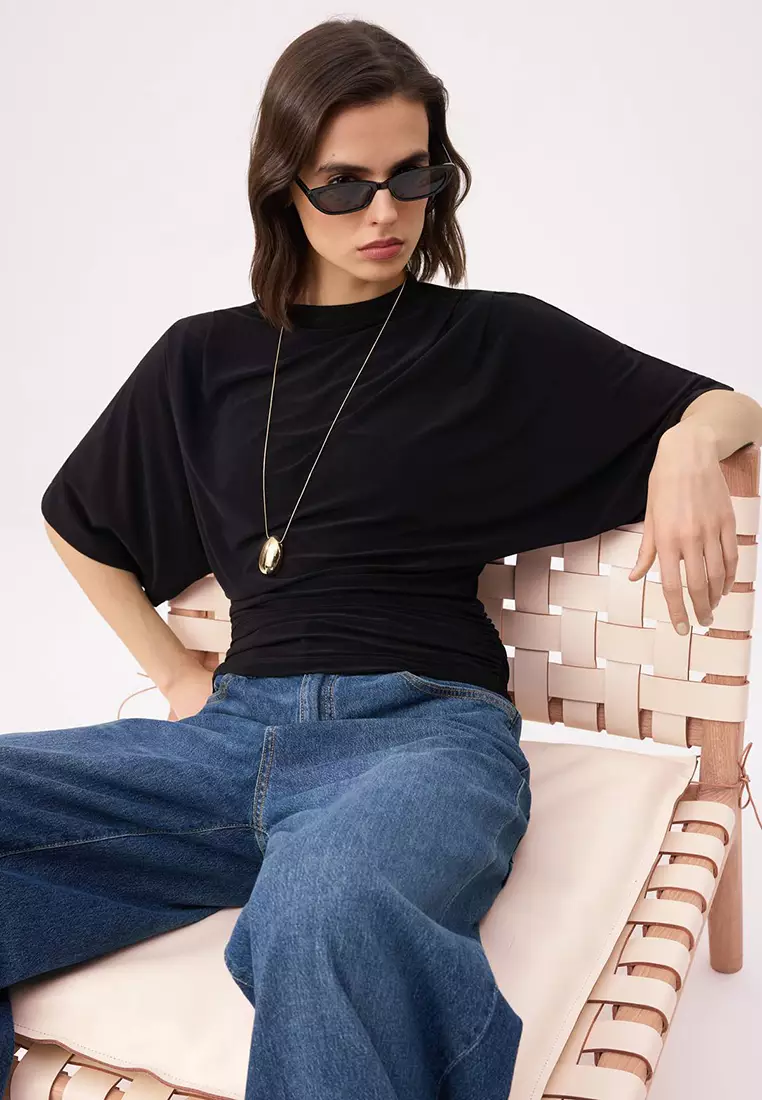 Boat Neck Batwing Sleeve Blouse