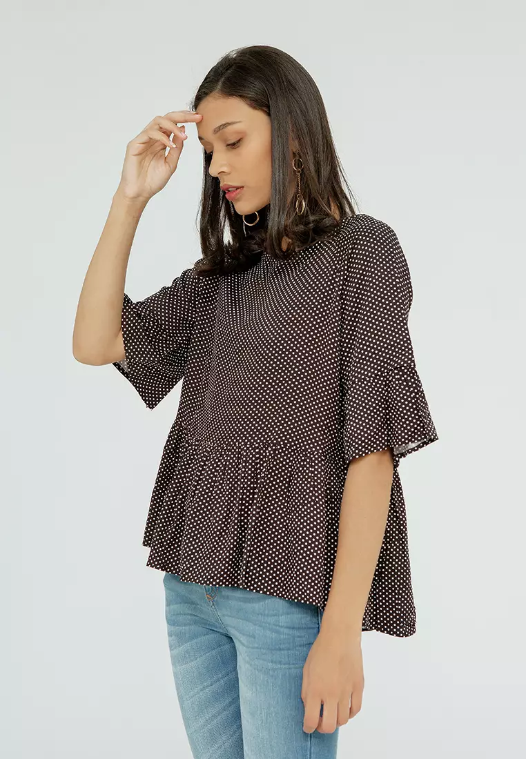 Casual 3/4 Sleeves Blouse Polkadot Black Combo