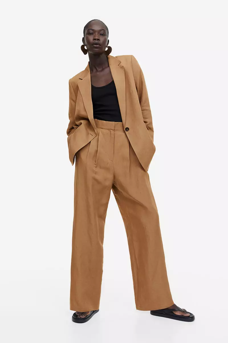 Wide linen-blend trousers - Dark brown - Ladies