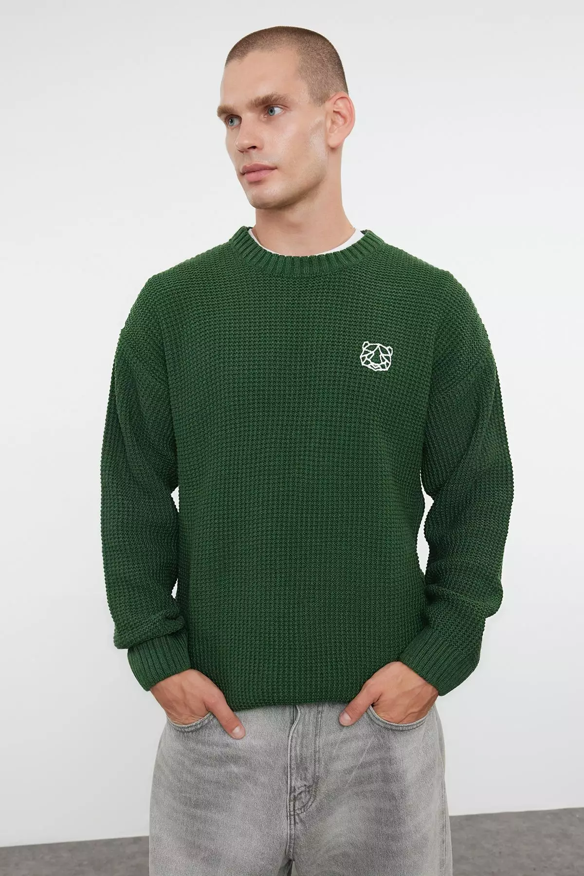 Khaki Oversize Crew Neck Textured Sweater TMNAW24KZ00032