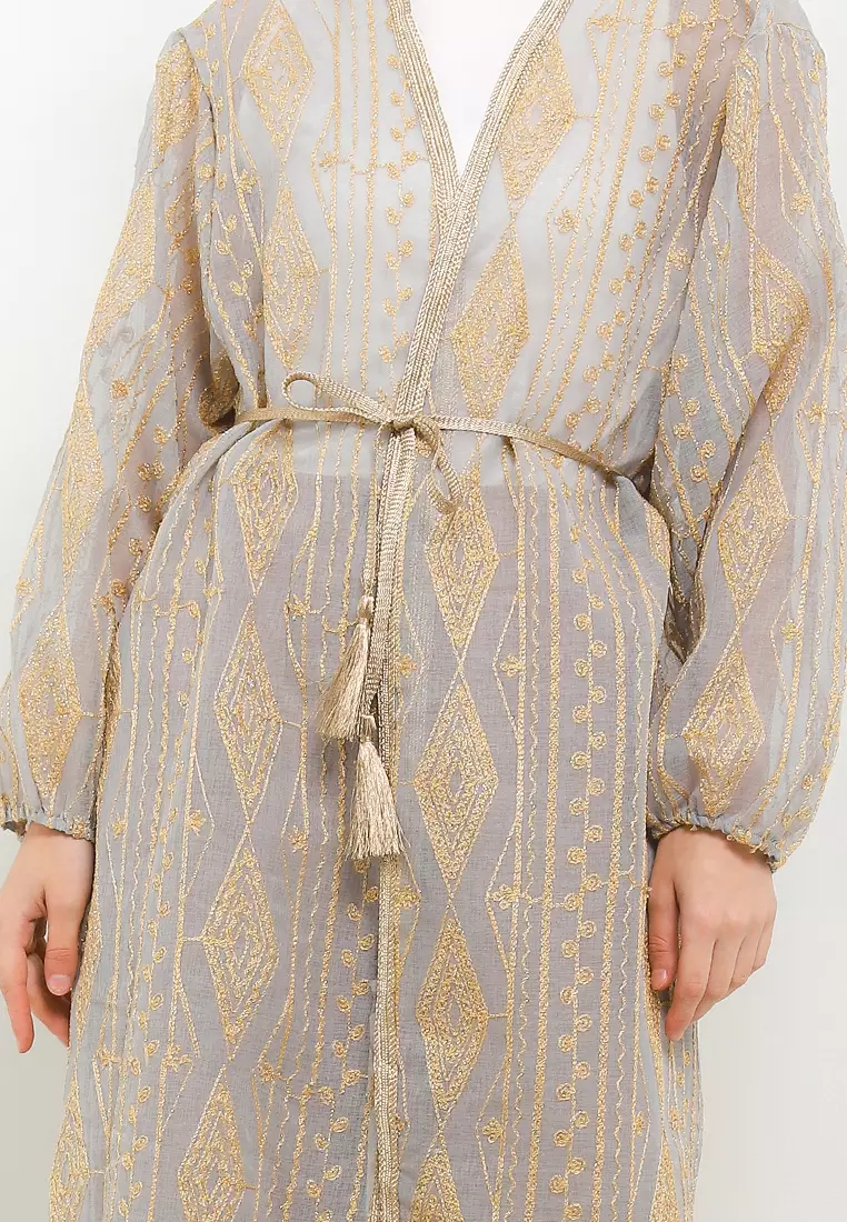 Ethnic Emb Linen Outer W/ Gold Tassel Belt