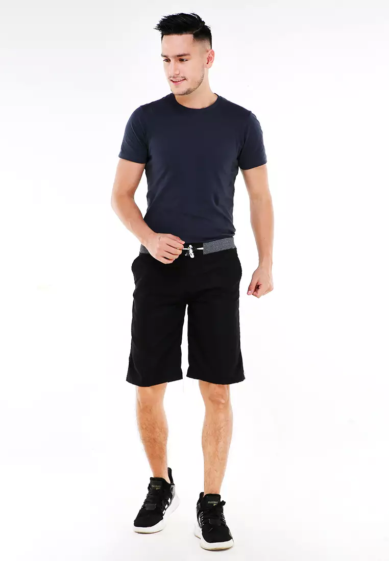 Rishham Celana Pendek Pria Polos Elastic Rubber Casual Short Pants Material Cotton ORIGINAL - Black
