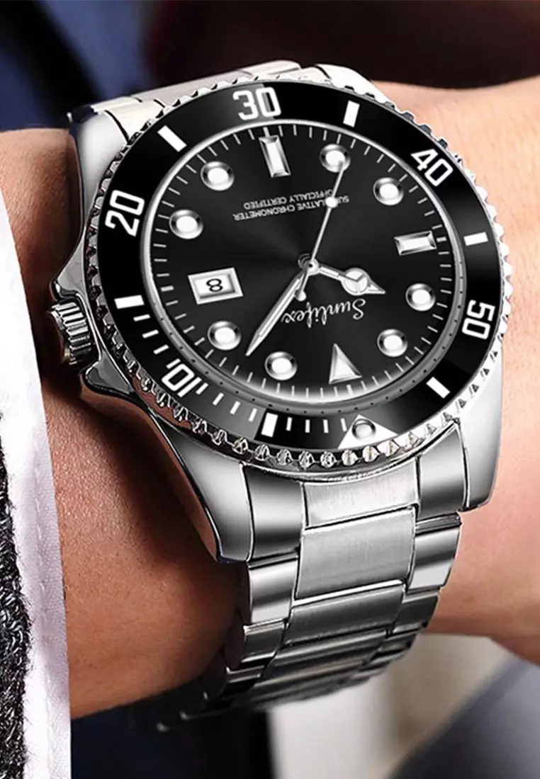 Jam Tangan Pria 9001-A Anti Air Original Kalender Kuarsa Tali Stainless Steel Bercahaya Jam Tangan Cowok silver black