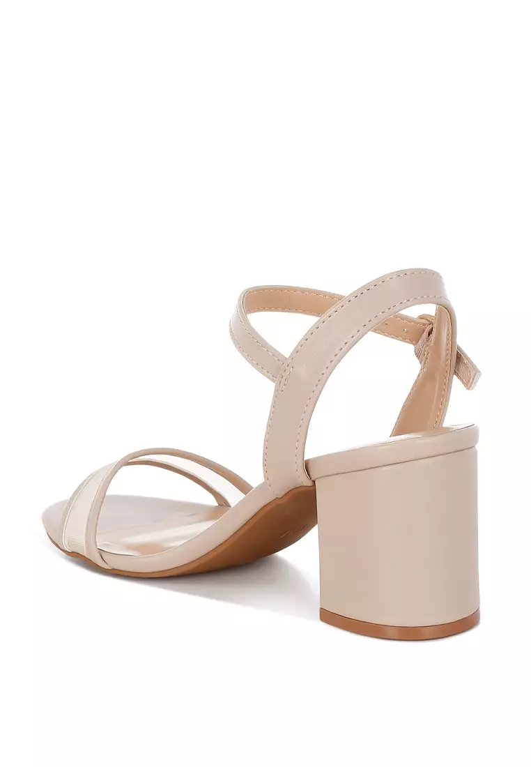 Mesh Pin Buckle Block Heels In Beige