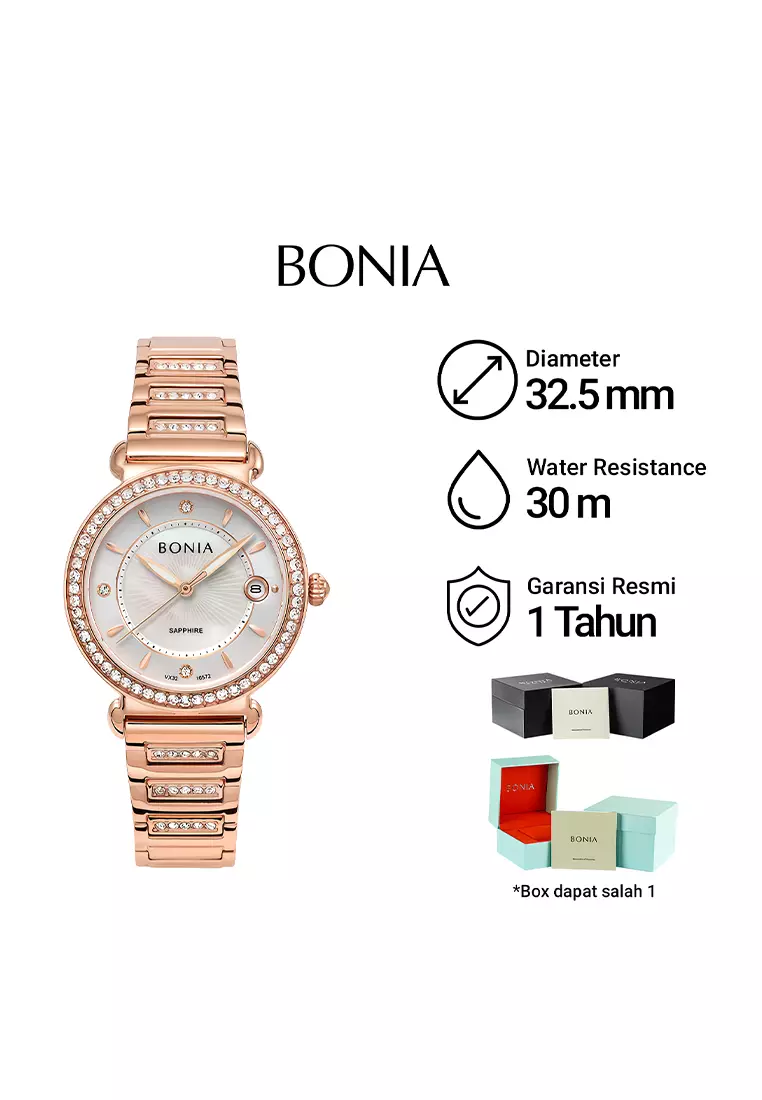 Bonia Sapphire Crystal - Jam Tangan Analog Wanita - Silver Dial - All Rosegold Stainless Steel - B10572-2512S