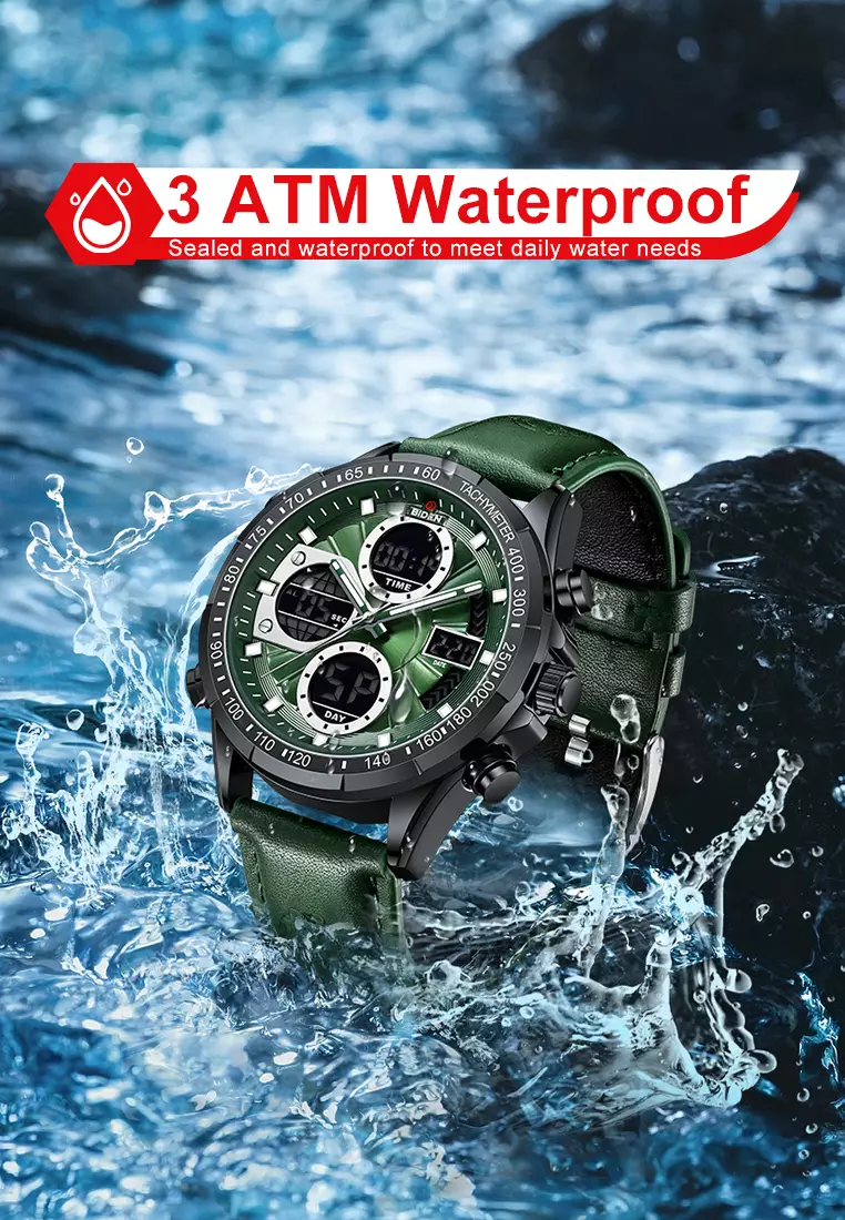 Jam Tangan Pria Original Multifungsi Analog&Digital Tali Kulit Olahraga Anti Air Jam Tangan Cowok Allgreen