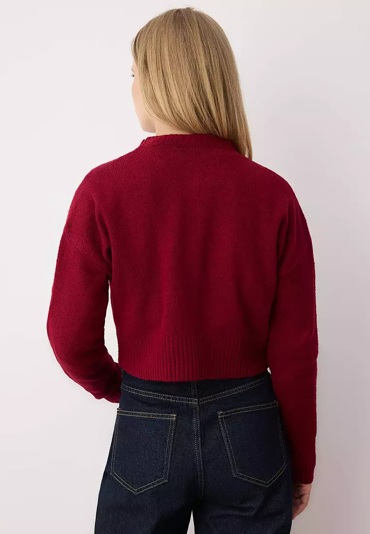 Burgundy Crop Soft Textured Button Knitwear Cardigan