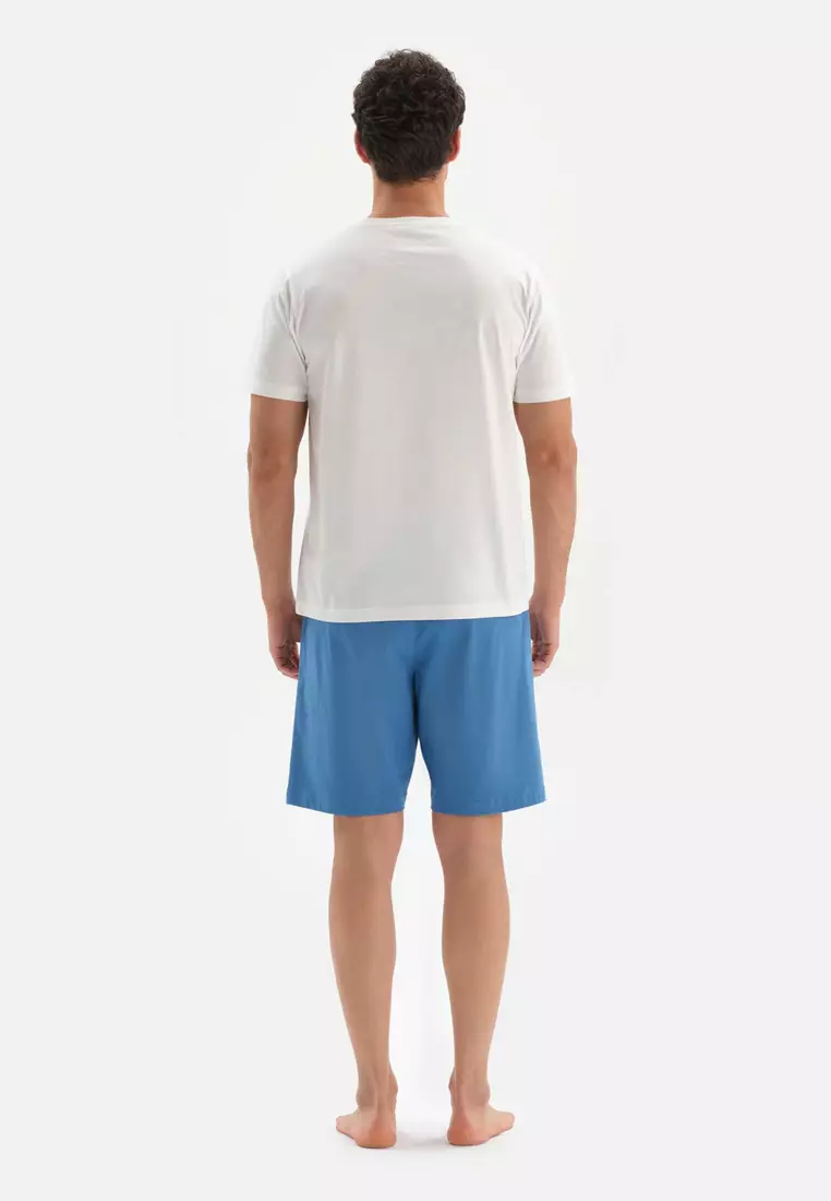 Ecru T-Shirt & Shorts Knitwear Set, Palm Tree Printed, Crew Neck, Regular Fit, Short Leg, Short Sleeve Sleepwear for Men