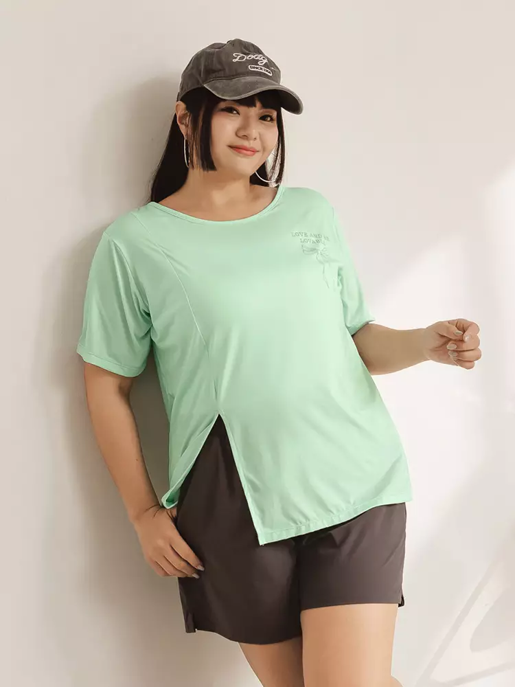 雲朵自訂款-涼感．冰牛奶絲蝴蝶結開衩長版T恤上衣《AB19580》