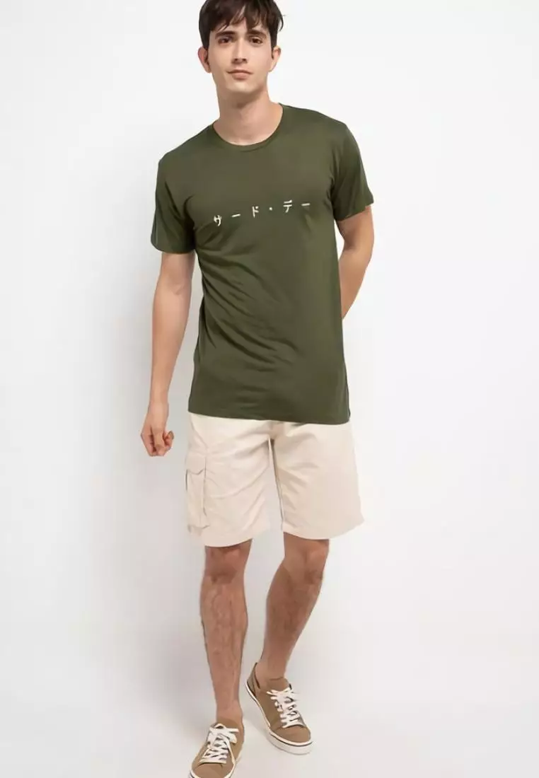 MTH89 Kaos Pria Simple Jepang Distro Katakana Kerning Green Army