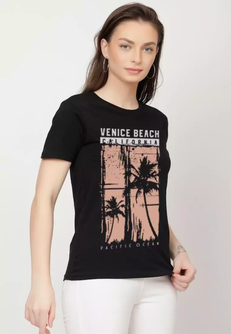Venice Beach Relaxed Short Sleeve Stylish Black Cotton Casual Graphic Print Tee/TShirt