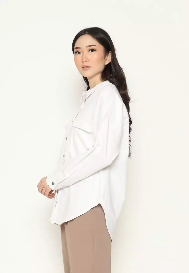 Urban Exchange Ariana Waffle White Shirt - Atasan Kemeja Outer Putih
