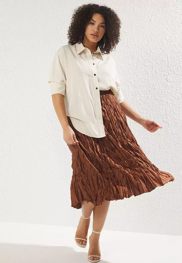 Brown Satin Woven Plus Size Skirt TBBAW25AZ00014