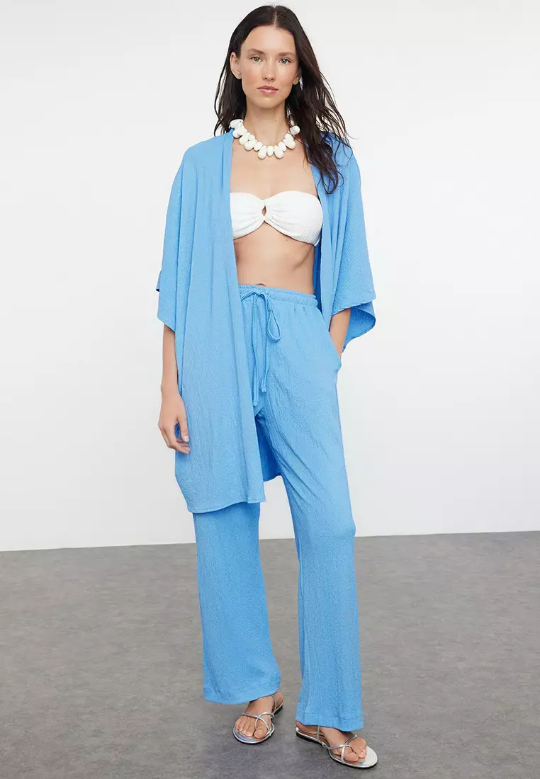 Blue Woven Wrap Kimono Pants Beach Set TBESS23AU00149