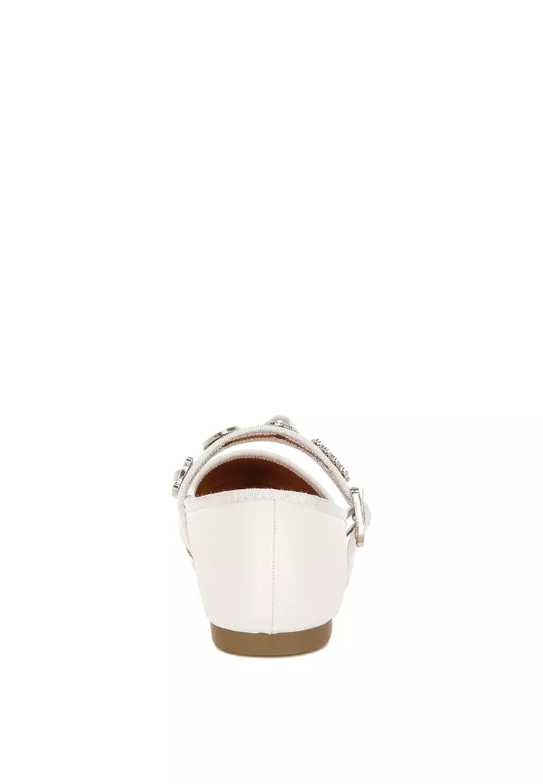 Charms Embellished Flat Mary Janes in White
