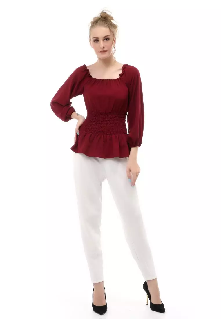 Cheva Blouse Atasan Wanita Sabrina Karet Pinggang Lengan Panjang Casual Shirt Long Sleeve Material Wolfis ORIGINAL