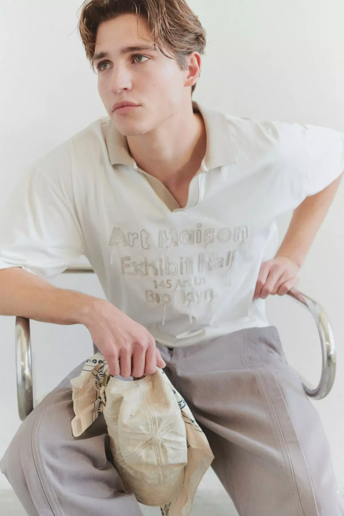 Limited Edition Ecru Oversize/Wide Cut Special Embroidered Polo Neck T-shirt TMNSS25PO00030