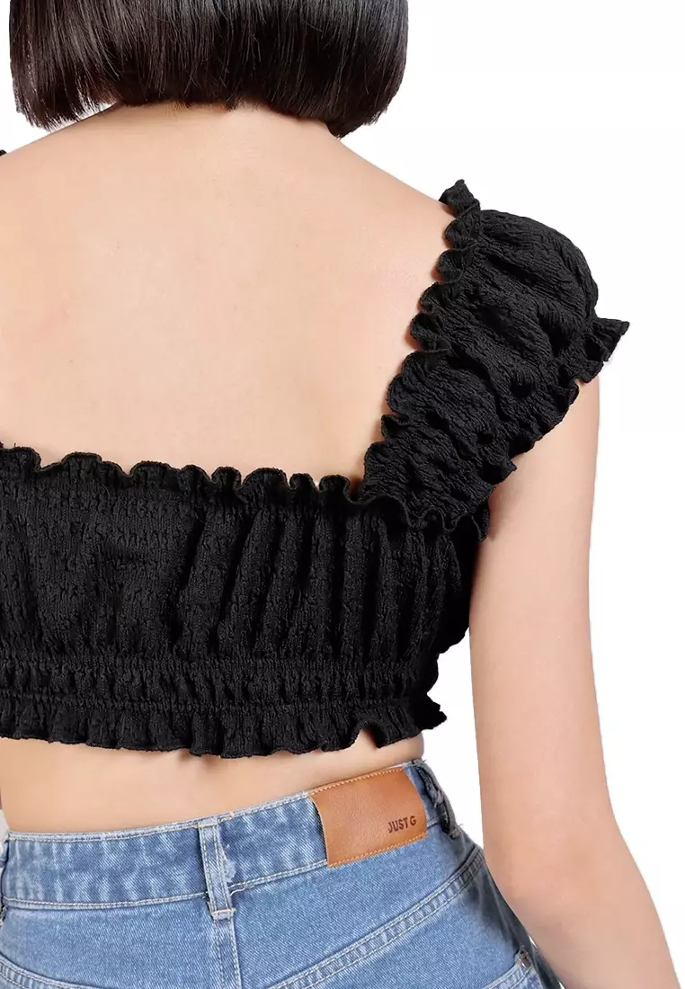 Crumpled Jersey Cropped Peasant Blouse